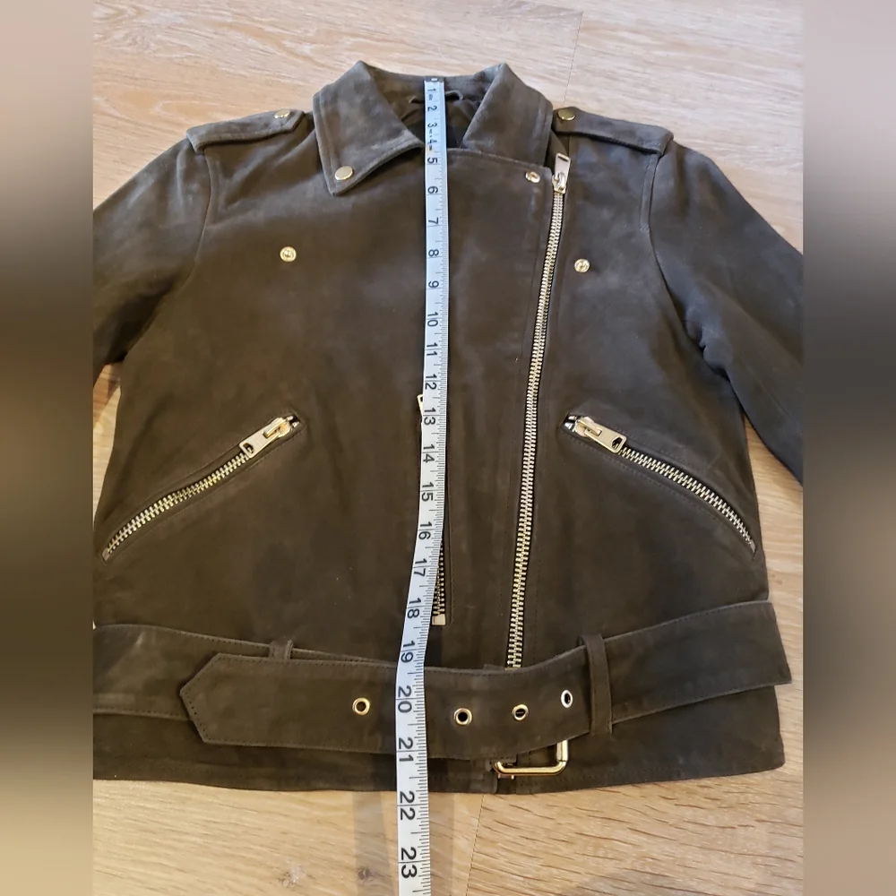 Allsaints suede balfern biker jacket in dark green womens size 2 - Picture 15 of 16